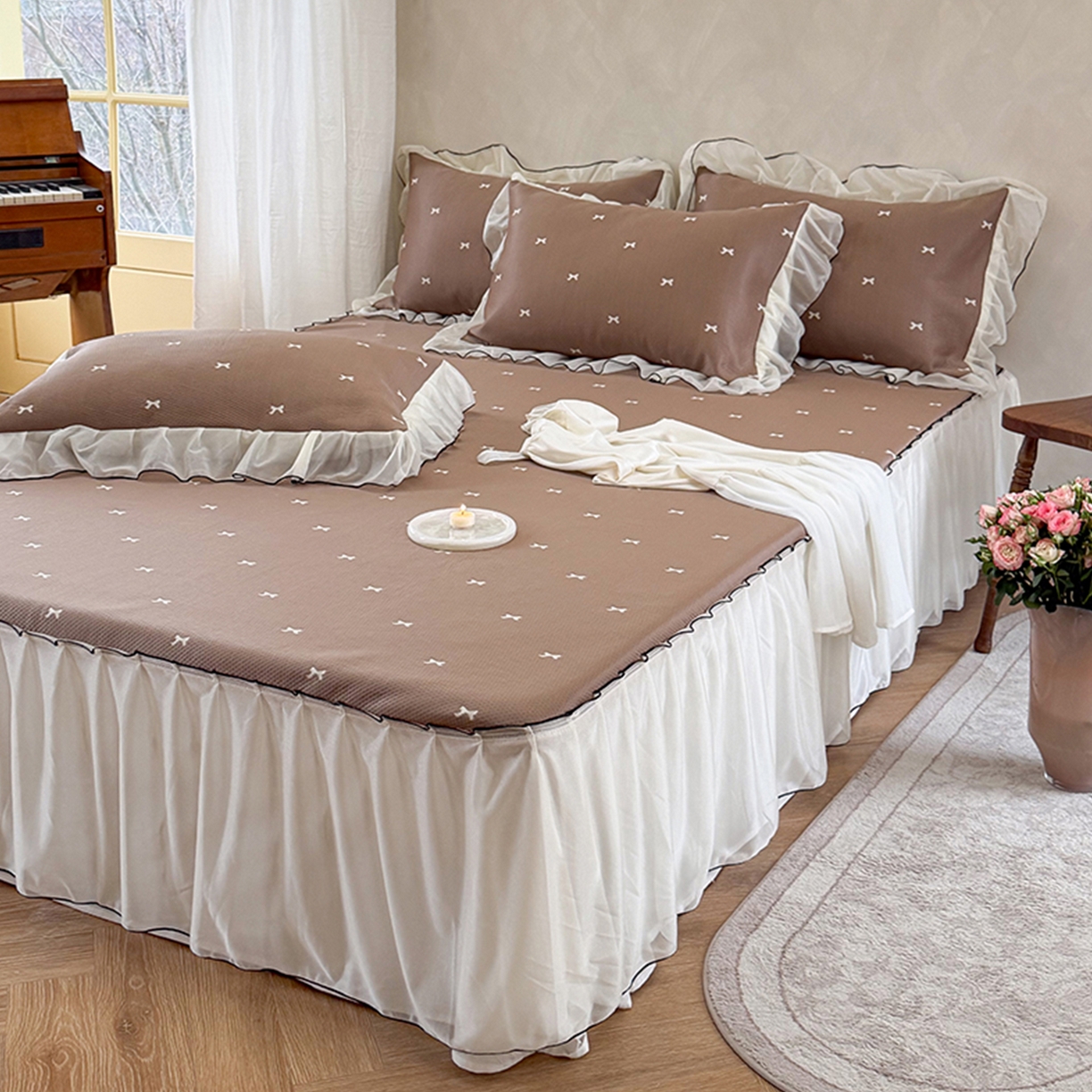 91家纺网 家纺一手货源 找家纺 （总）桃子家居 2026新款A类韩系仙气公主风PE凉感中分子床裙凉席蕾丝花边蝴蝶结乙纶豆豆凉席系列三件套