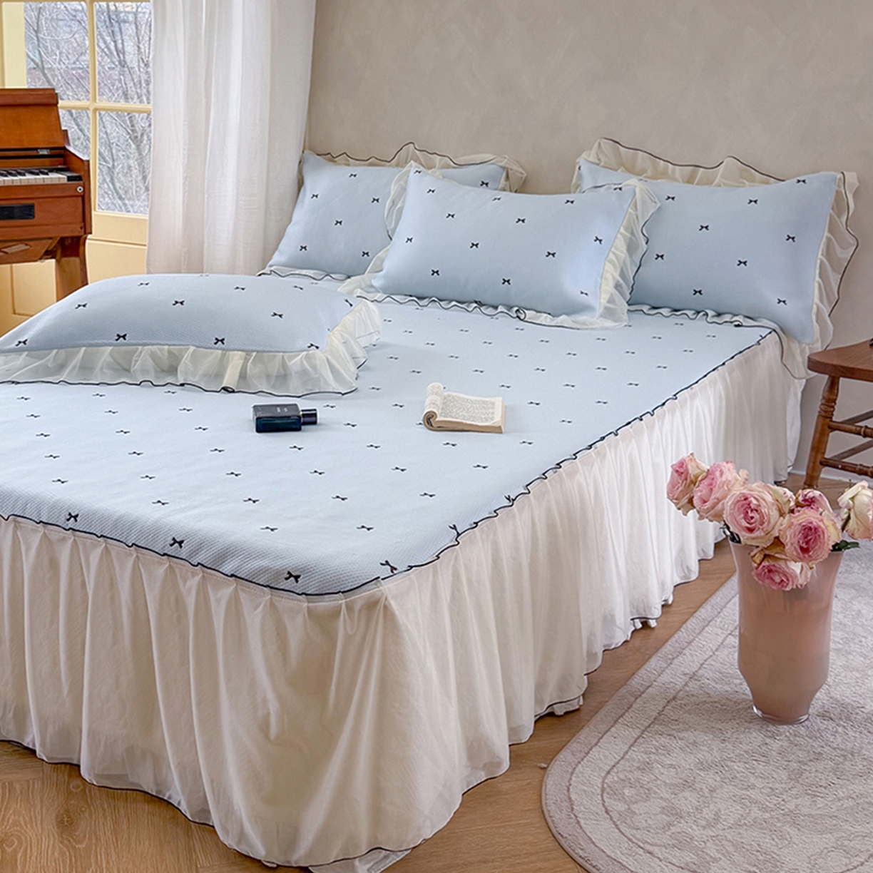 桃子家居 2026新款A类韩系仙气公主风PE凉感中分子床裙凉席蕾丝花边蝴蝶结乙纶豆豆凉席系列三件套 床裙席-仙气蝴蝶结蓝