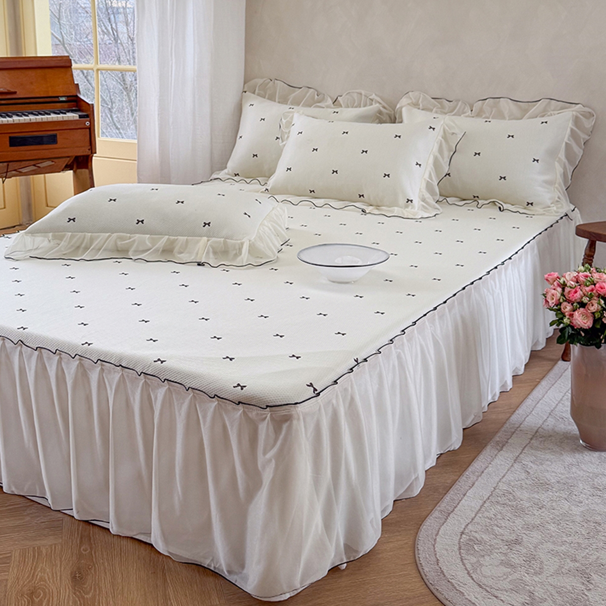 桃子家居 2026新款A类韩系仙气公主风PE凉感中分子床裙凉席蕾丝花边蝴蝶结乙纶豆豆凉席系列三件套 床裙席-仙气蝴蝶结奶白