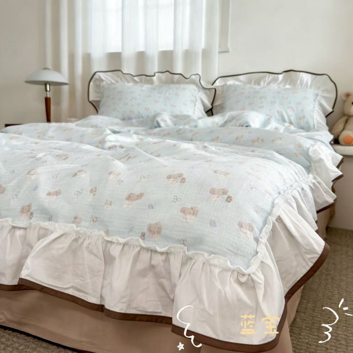 91家纺网 家纺一手货源 找家纺 （总）荣轩家居 2026春夏新款韩式重工泡芙花边工艺款全棉纯棉双层纱四件套（铺床版）