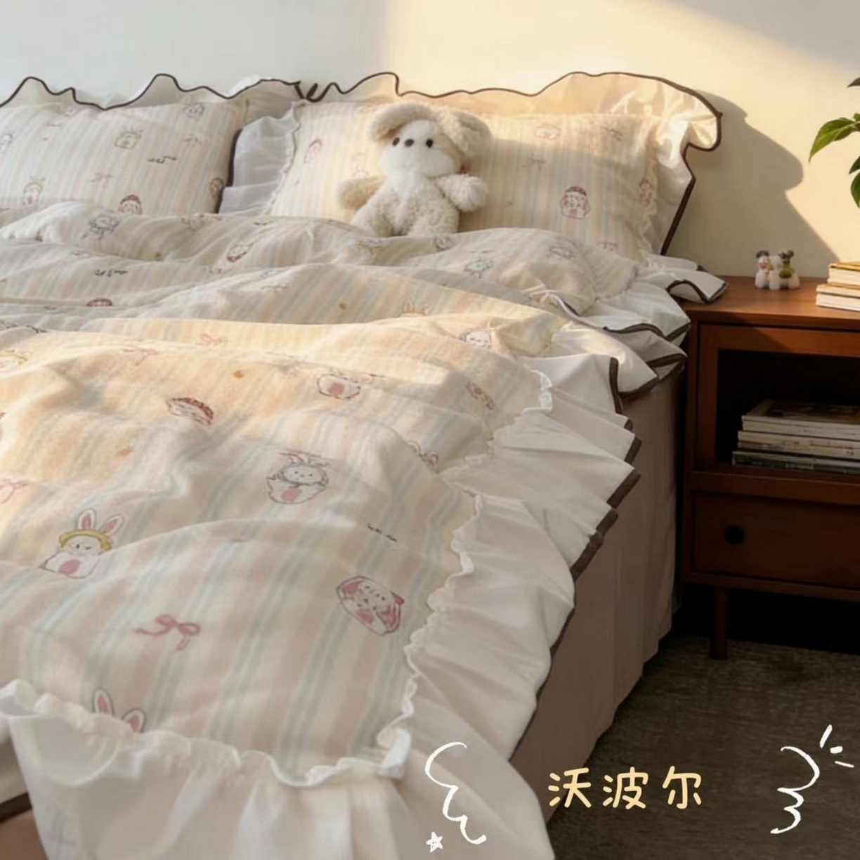 荣轩家居 2026春夏新款韩式重工泡芙花边工艺款全棉纯棉双层纱四件套（铺床版） 沃波尔