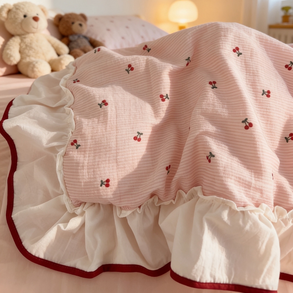 91家纺网 家纺一手货源 找家纺 荣轩家居 2026春夏新款韩式重工泡芙花边工艺款全棉纯棉双层纱四件套（铺床版） 樱桃奶芙