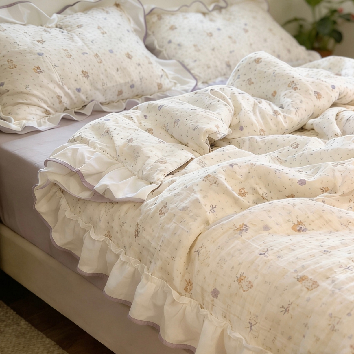 91家纺网 家纺一手货源 找家纺 荣轩家居 2026春夏新款韩式重工泡芙花边工艺款全棉纯棉双层纱四件套（铺床版） 爱丽丝午后-紫