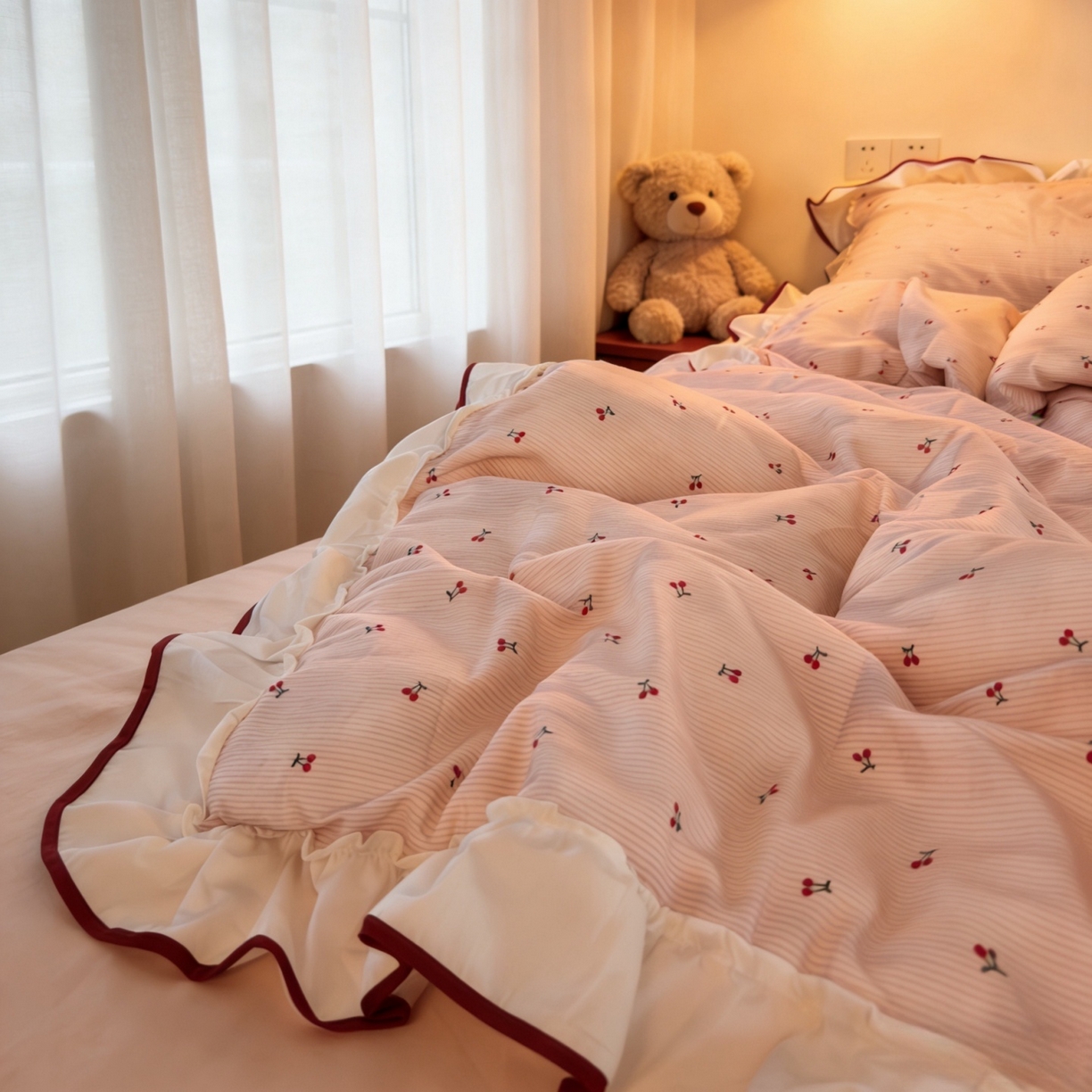 91家纺网 家纺一手货源 找家纺 荣轩家居 2026春夏新款韩式重工泡芙花边工艺款全棉纯棉双层纱四件套（铺床版） 樱桃奶芙
