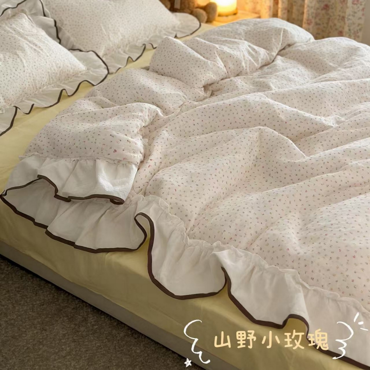 荣轩家居 2026春夏新款韩式重工泡芙花边工艺款全棉纯棉双层纱四件套（铺床版） 山野小玫瑰