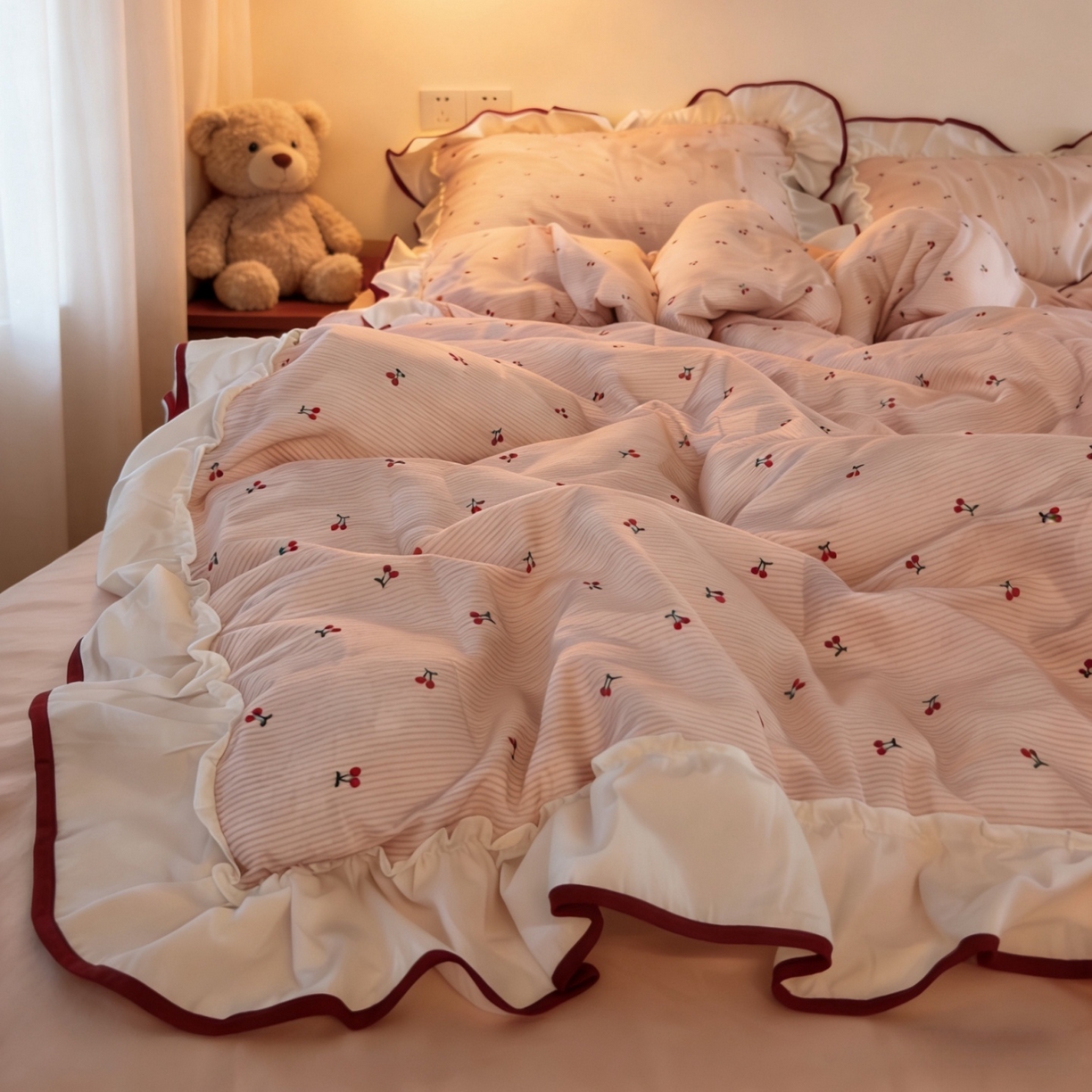 91家纺网 家纺一手货源 找家纺 荣轩家居 2026春夏新款韩式重工泡芙花边工艺款全棉纯棉双层纱四件套（铺床版） 樱桃奶芙