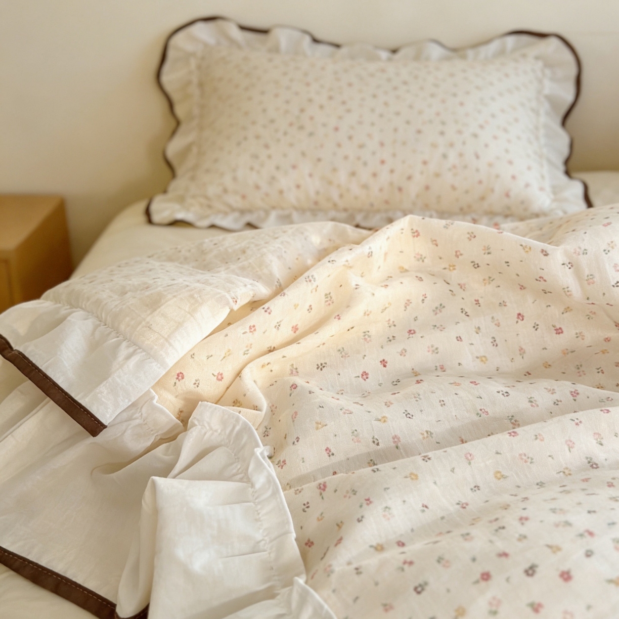 91家纺网 家纺一手货源 找家纺 荣轩家居 2026春夏新款韩式重工泡芙花边工艺款全棉纯棉双层纱四件套（铺床版） 山野小玫瑰