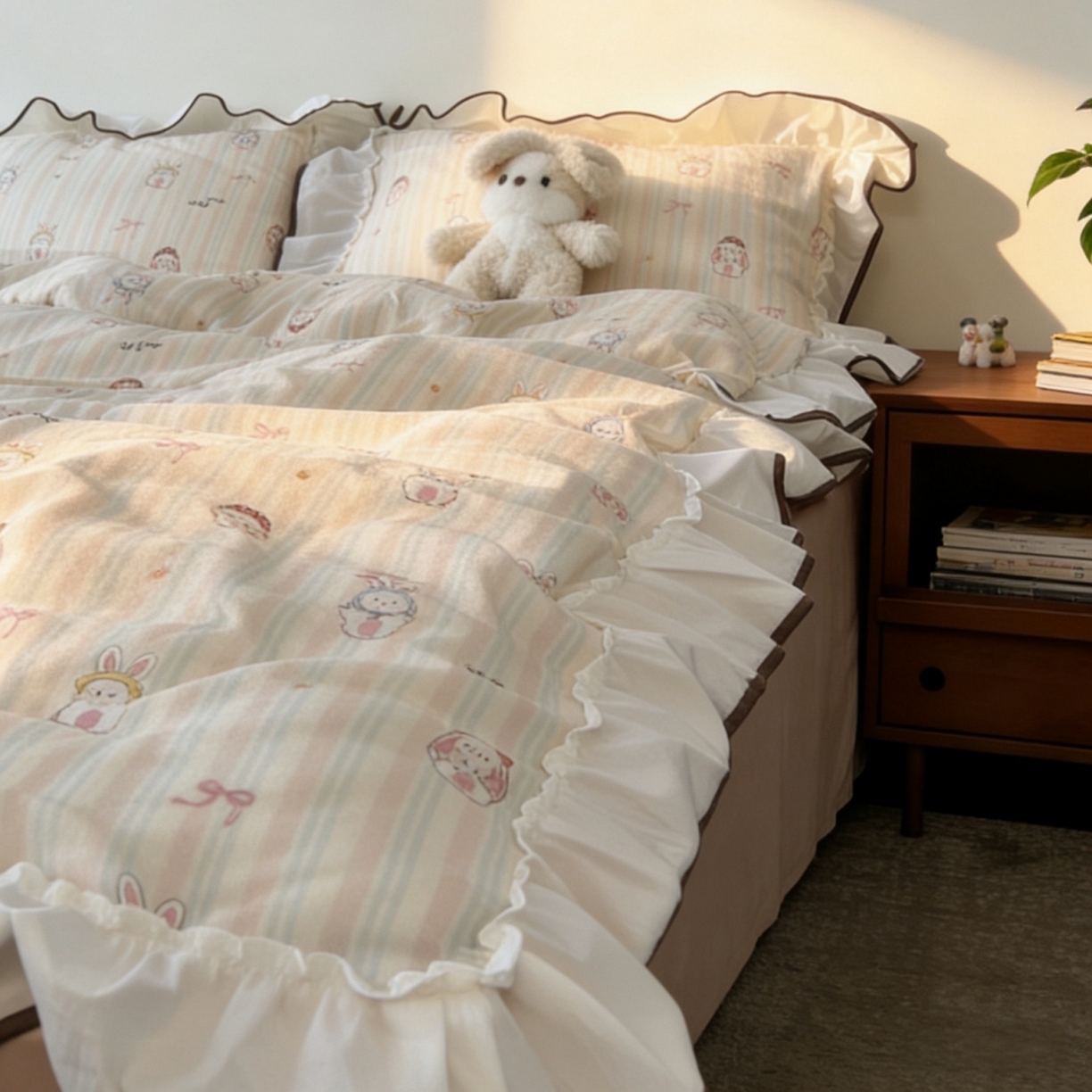 91家纺网 家纺一手货源 找家纺 荣轩家居 2026春夏新款韩式重工泡芙花边工艺款全棉纯棉双层纱四件套（铺床版） 沃波尔