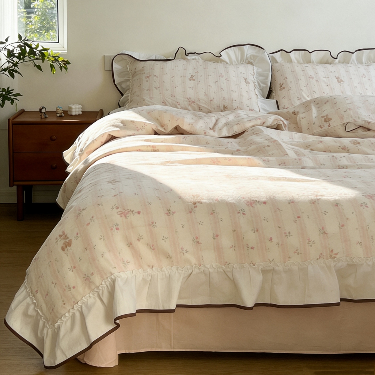 91家纺网 家纺一手货源 找家纺 荣轩家居 2026春夏新款韩式重工泡芙花边工艺款全棉纯棉双层纱四件套（铺床版） 蔷薇兔语