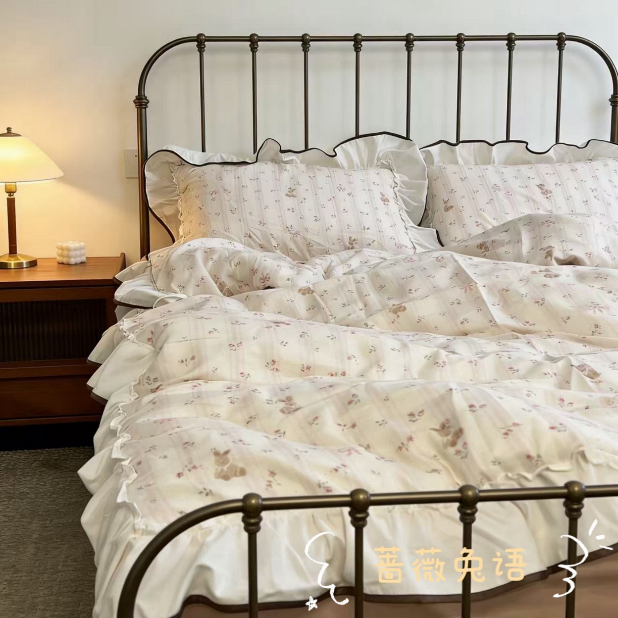 荣轩家居 2026春夏新款韩式重工泡芙花边工艺款全棉纯棉双层纱四件套（铺床版） 蔷薇兔语
