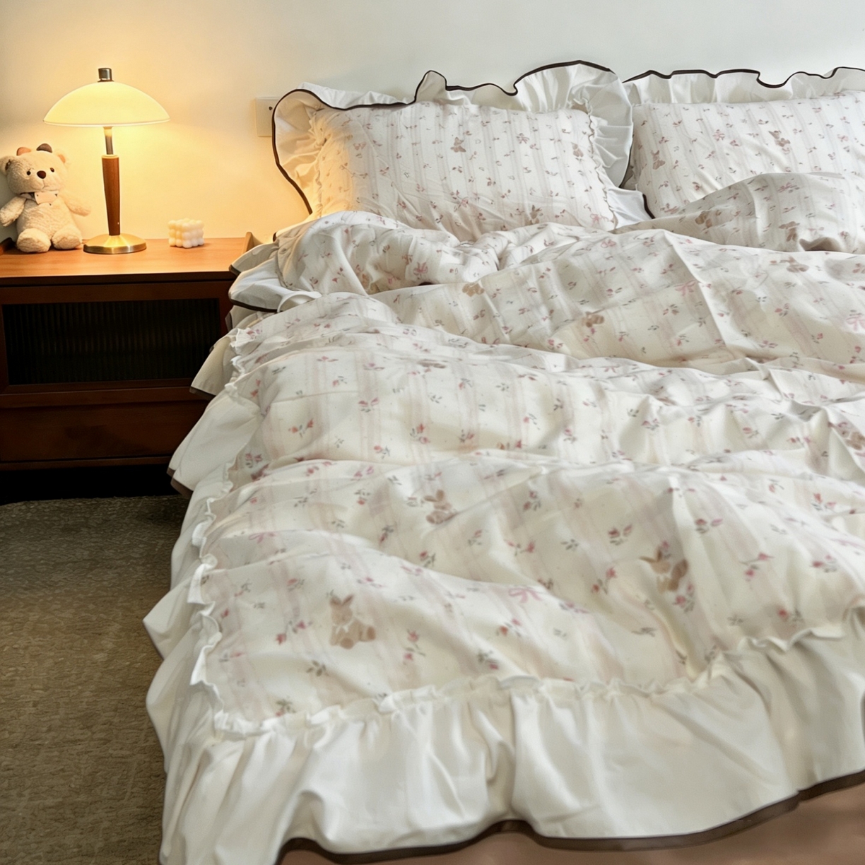 91家纺网 家纺一手货源 找家纺 荣轩家居 2026春夏新款韩式重工泡芙花边工艺款全棉纯棉双层纱四件套（铺床版） 蔷薇兔语