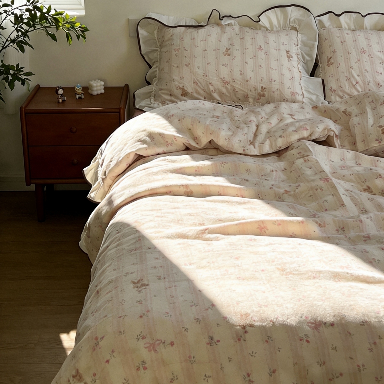 91家纺网 家纺一手货源 找家纺 荣轩家居 2026春夏新款韩式重工泡芙花边工艺款全棉纯棉双层纱四件套（铺床版） 蔷薇兔语