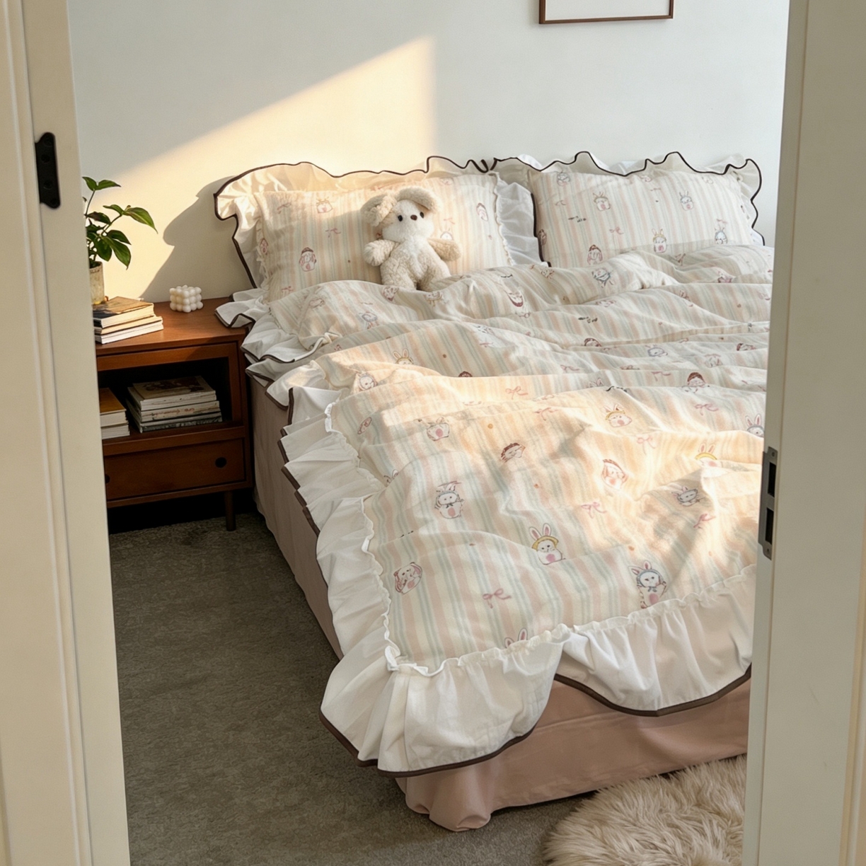 91家纺网 家纺一手货源 找家纺 荣轩家居 2026春夏新款韩式重工泡芙花边工艺款全棉纯棉双层纱四件套（铺床版） 沃波尔