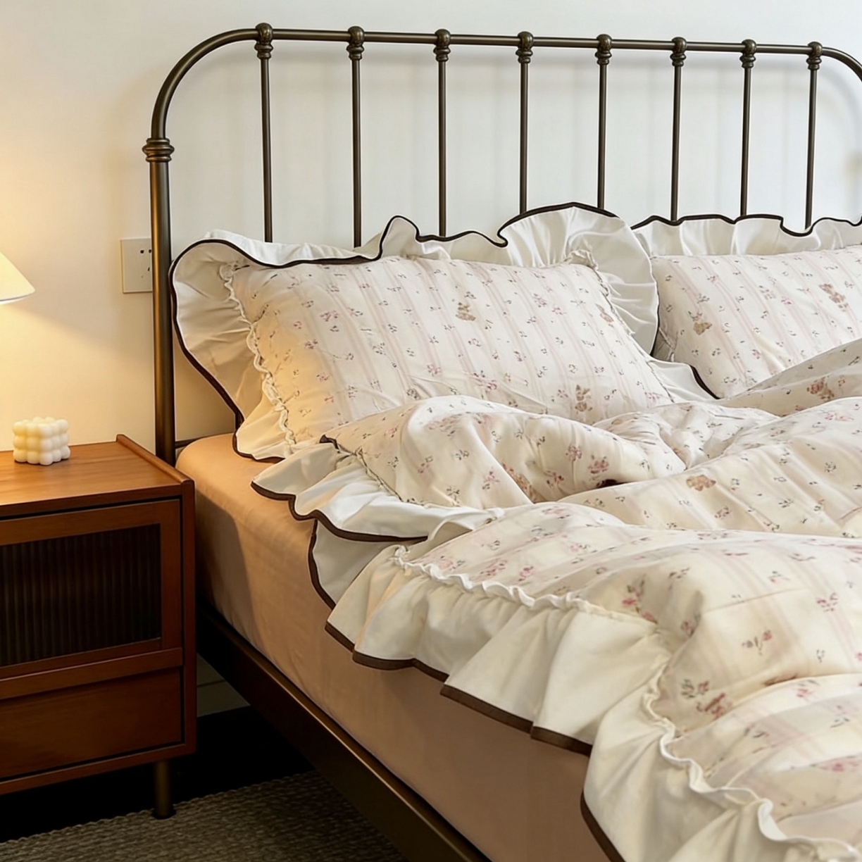 91家纺网 家纺一手货源 找家纺 荣轩家居 2026春夏新款韩式重工泡芙花边工艺款全棉纯棉双层纱四件套（铺床版） 蔷薇兔语