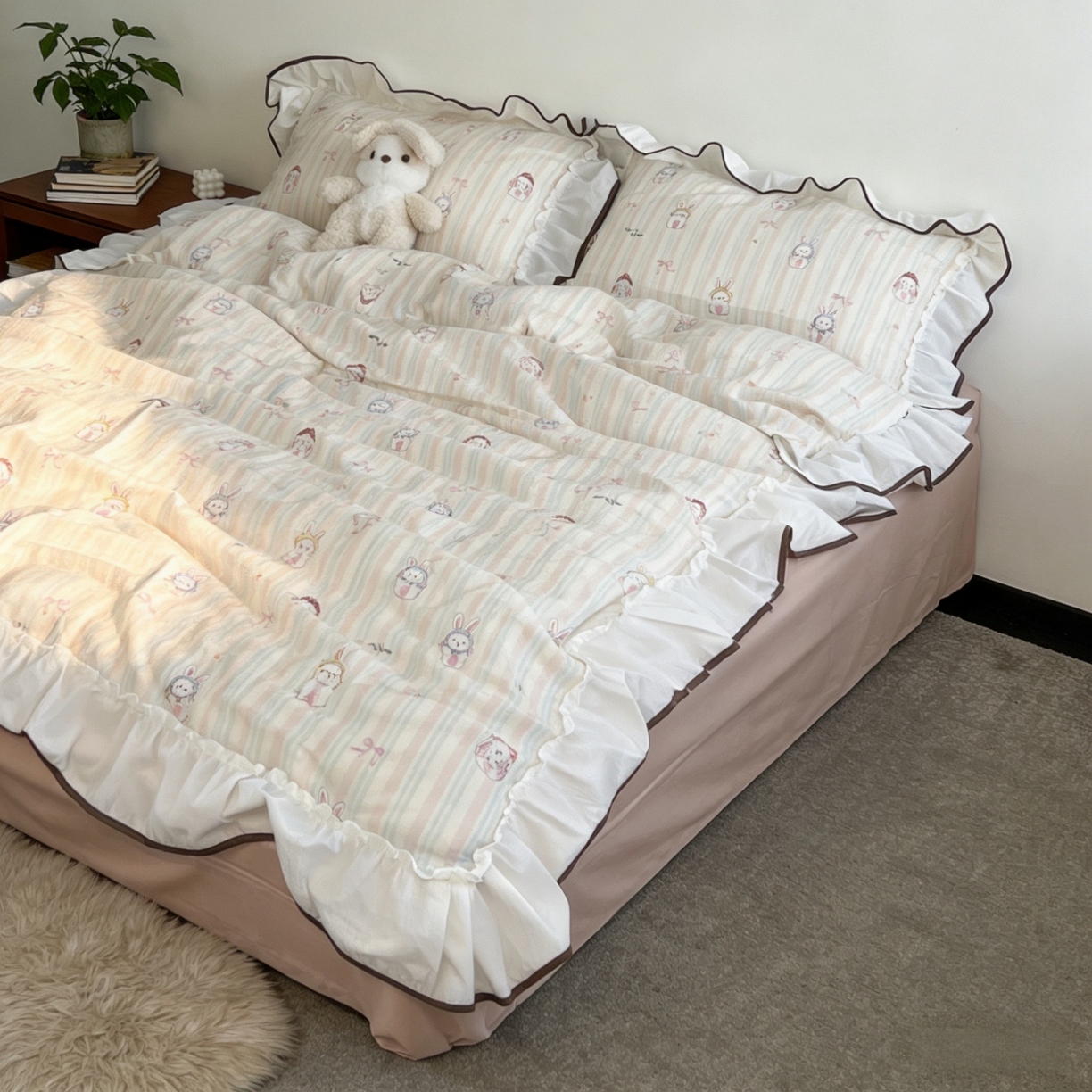 91家纺网 家纺一手货源 找家纺 荣轩家居 2026春夏新款韩式重工泡芙花边工艺款全棉纯棉双层纱四件套（铺床版） 沃波尔