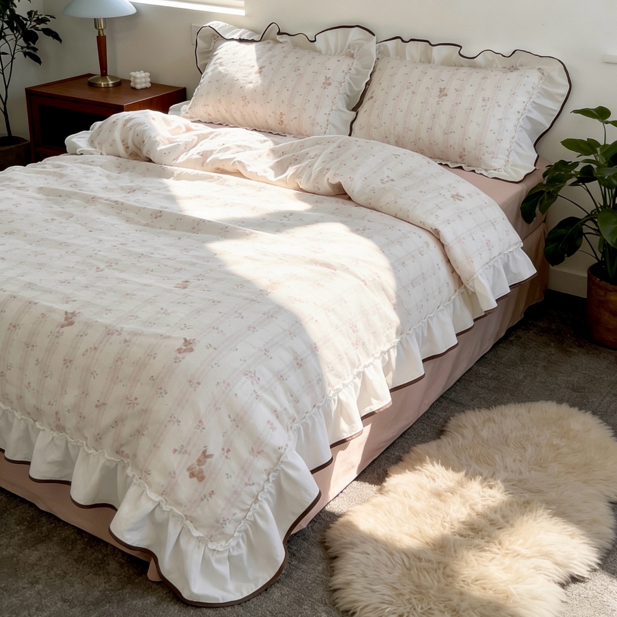 91家纺网 家纺一手货源 找家纺 荣轩家居 2026春夏新款韩式重工泡芙花边工艺款全棉纯棉双层纱四件套（铺床版） 蔷薇兔语