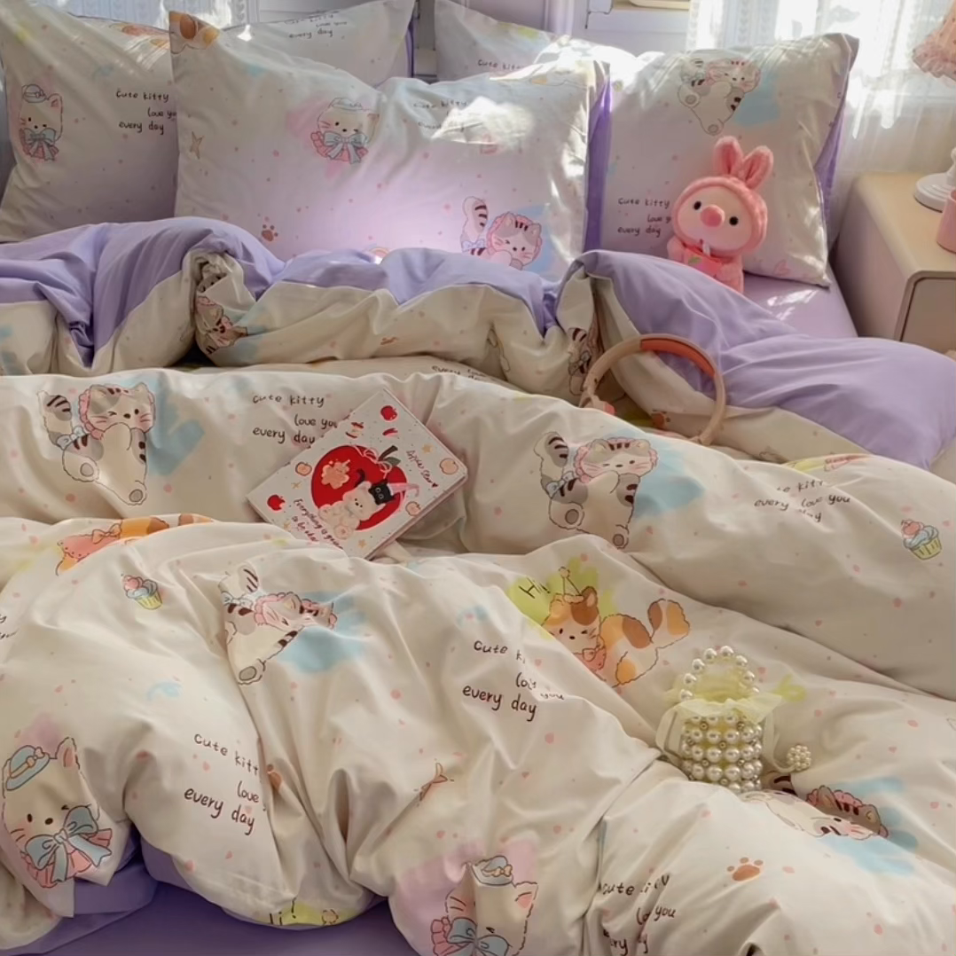 91家纺网 家纺一手货源 找家纺 瑞禾家纺 2026新款古法水洗四件套下载文件包含买家秀 奶糖小猫