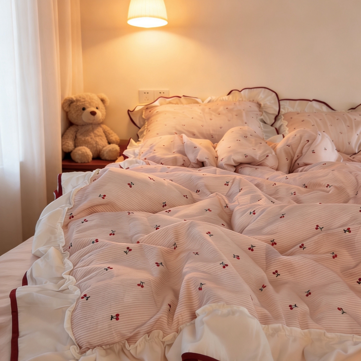 91家纺网 家纺一手货源 找家纺 （总）荣轩家居 2026春夏新款韩式重工泡芙花边工艺款全棉纯棉双层纱四件套（铺床版）