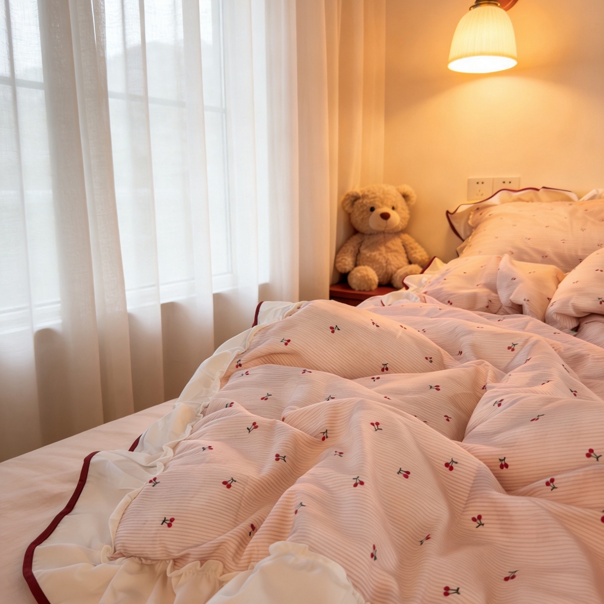 91家纺网 家纺一手货源 找家纺 （总）荣轩家居 2026春夏新款韩式重工泡芙花边工艺款全棉纯棉双层纱四件套（铺床版）