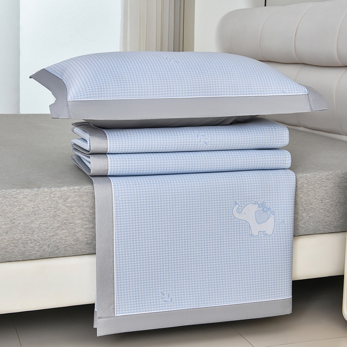 91家纺网 家纺一手货源 找家纺 小牛席业 2026春夏新款【实拍风格】双PE高凉感-小象提花冰丝席系列 蓝色