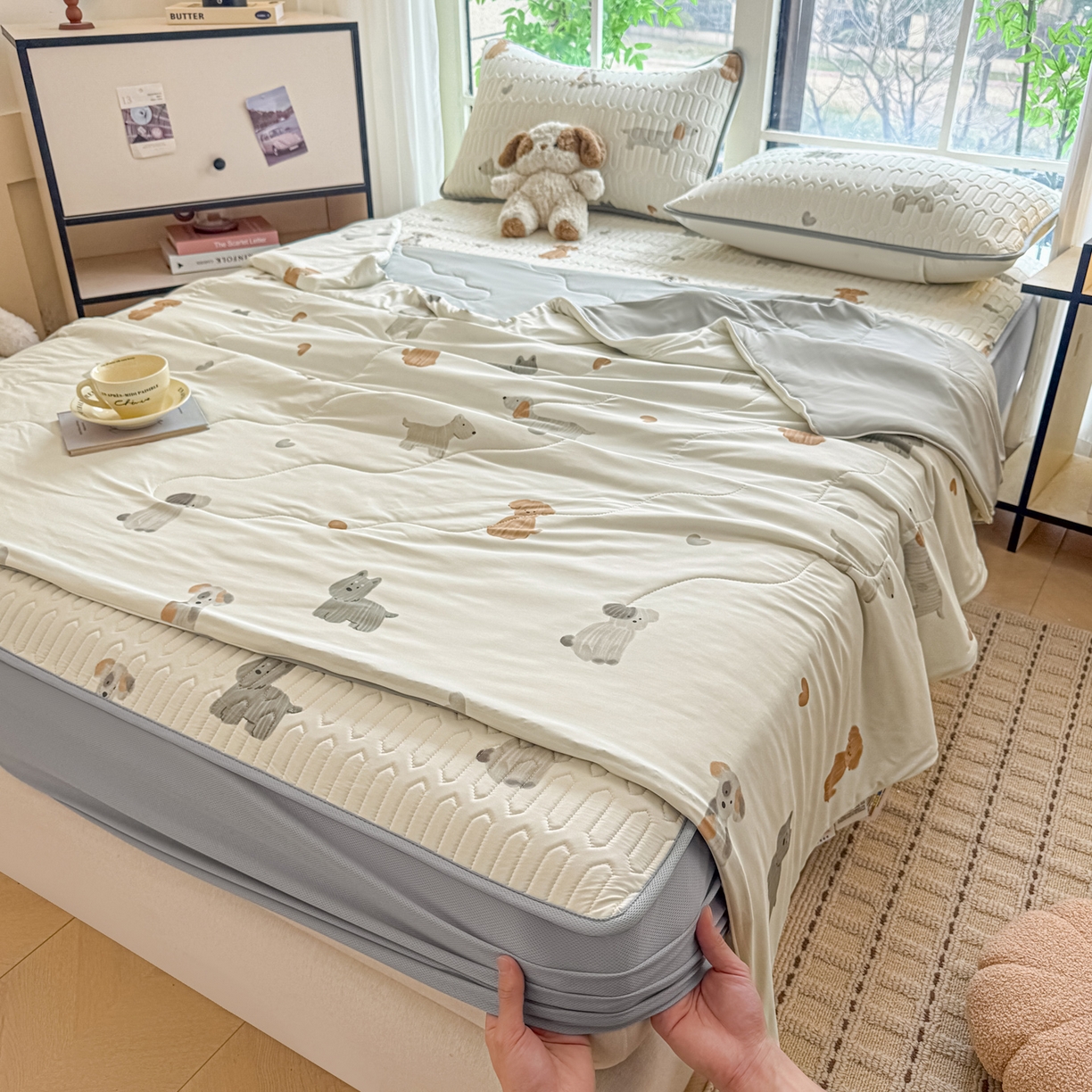 莱登卡奴 2026新款新款A类凉感丝锦氨数码印花夏被四件套 萌宠小狗