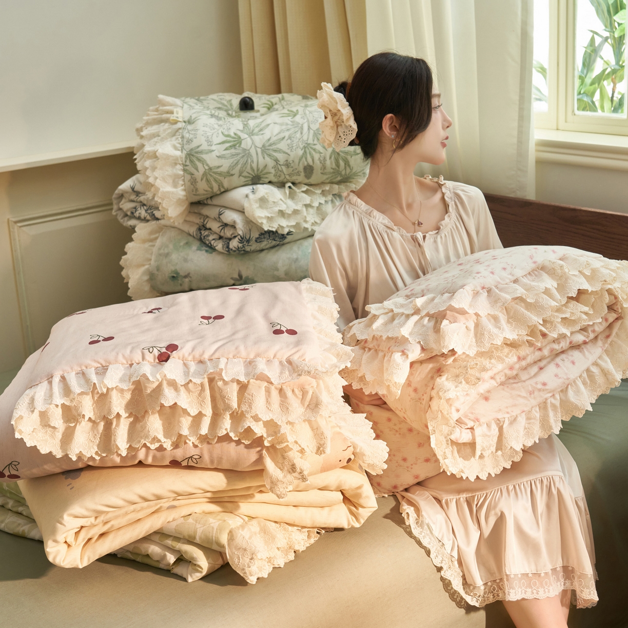 91家纺网 家纺一手货源 找家纺 晨曦家纺 2026新款高端纯棉天丝棉麻莱赛尔夏凉被四件套 组合图仅展示