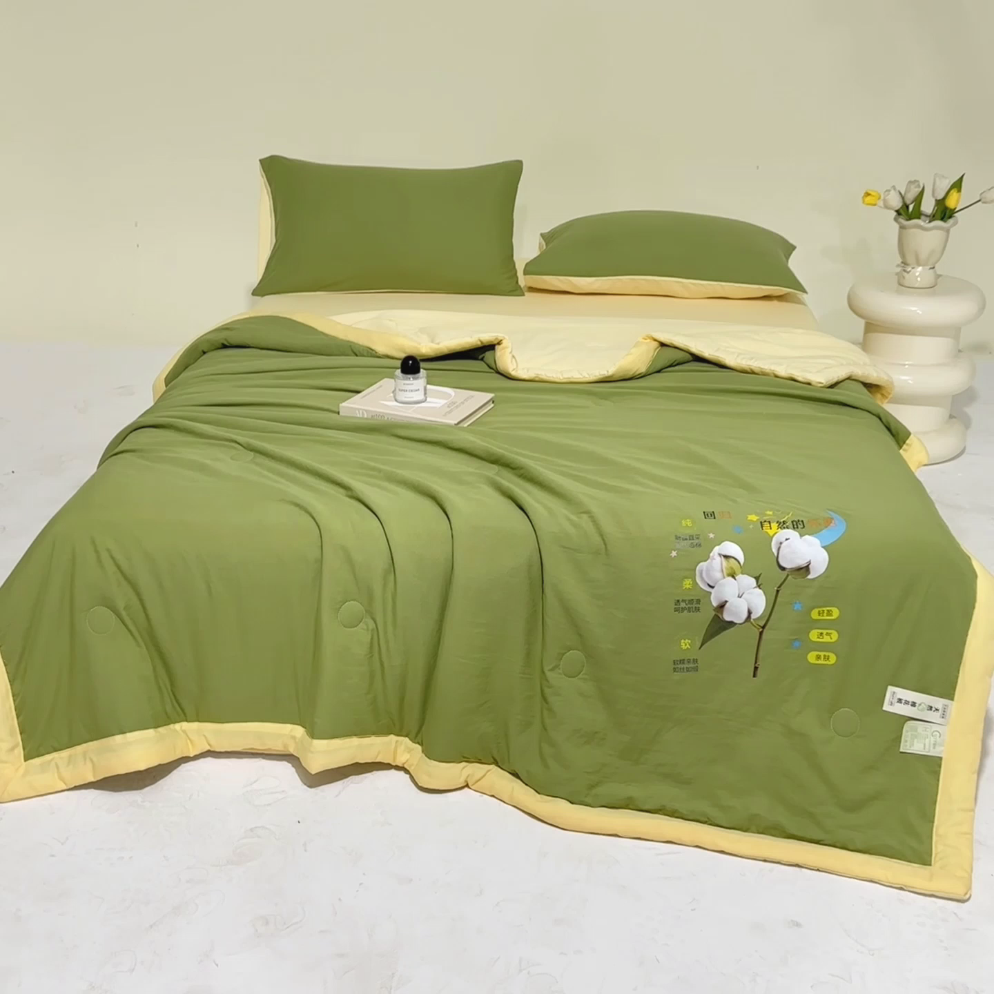 91家纺网 家纺一手货源 找家纺 瑞禾家纺 2026新款水洗棉棉花夏被四件套 茶绿奶黄