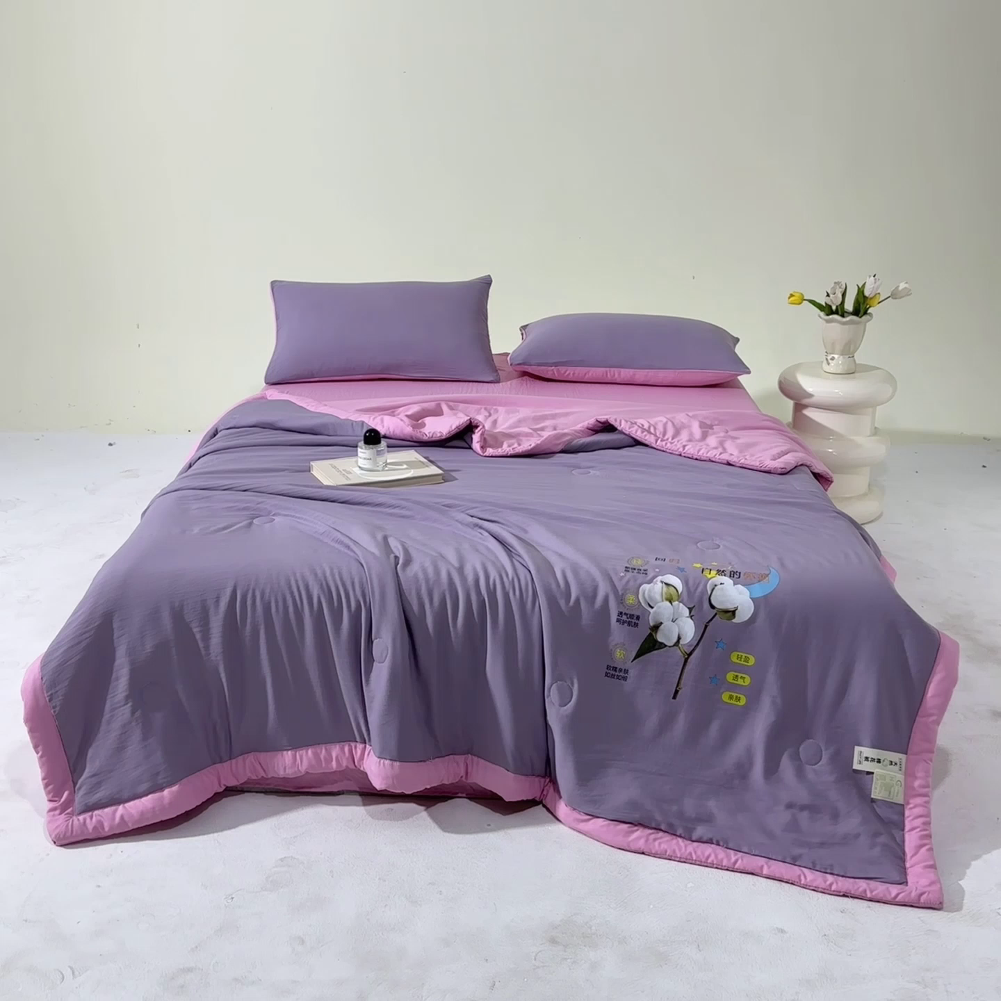 91家纺网 家纺一手货源 找家纺 瑞禾家纺 2026新款水洗棉棉花夏被四件套 魅紫浅粉
