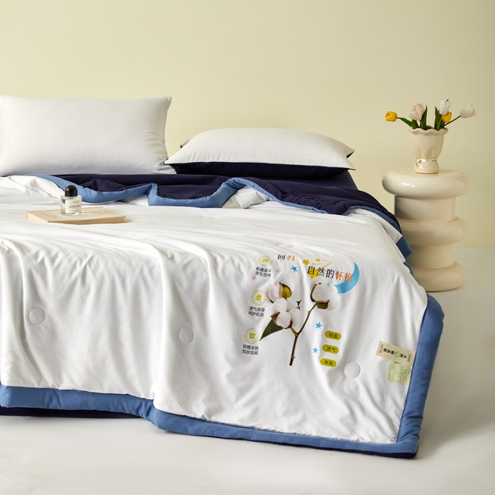 91家纺网 家纺一手货源 找家纺 瑞禾家纺 2026新款水洗棉棉花夏被四件套 米白藏青