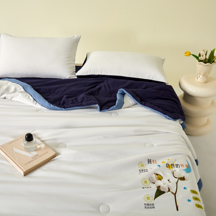 91家纺网 家纺一手货源 找家纺 瑞禾家纺 2026新款水洗棉棉花夏被四件套 米白藏青