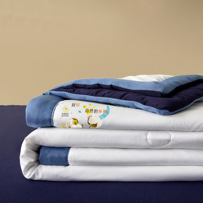 91家纺网 家纺一手货源 找家纺 瑞禾家纺 2026新款水洗棉棉花夏被四件套 米白藏青
