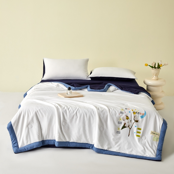 91家纺网 家纺一手货源 找家纺 瑞禾家纺 2026新款水洗棉棉花夏被四件套 米白藏青