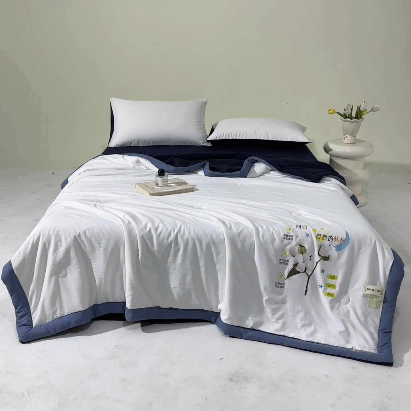 91家纺网 家纺一手货源 找家纺 瑞禾家纺 2026新款水洗棉棉花夏被四件套 米白藏青