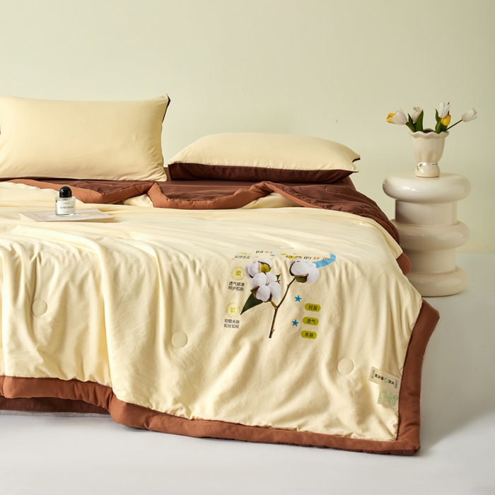 91家纺网 家纺一手货源 找家纺 瑞禾家纺 2026新款水洗棉棉花夏被四件套 奶黄深咖