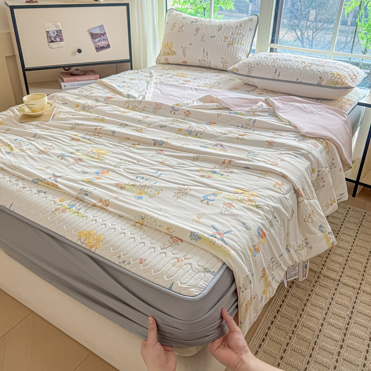 莱登卡奴 2026新款新款A类凉感丝锦氨数码印花夏被四件套 浅梦田园