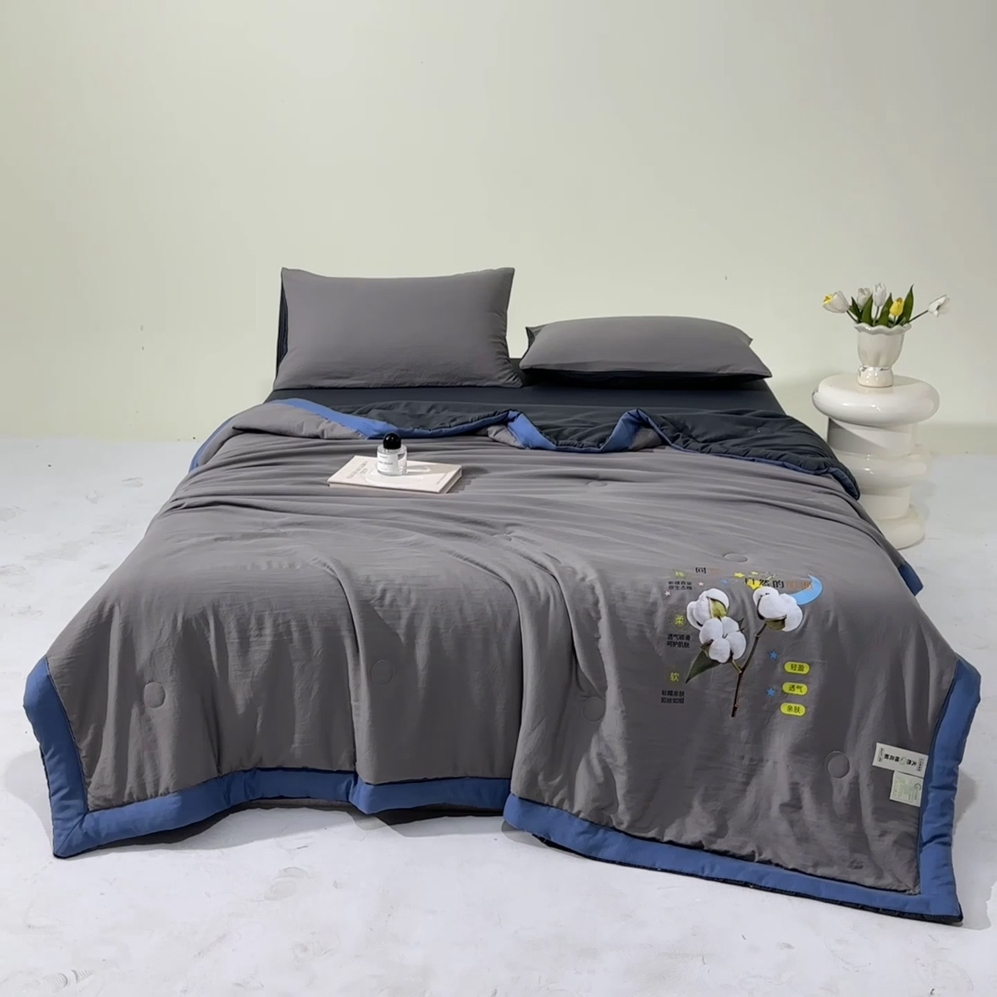 91家纺网 家纺一手货源 找家纺 瑞禾家纺 2026新款水洗棉棉花夏被四件套 浅灰深灰