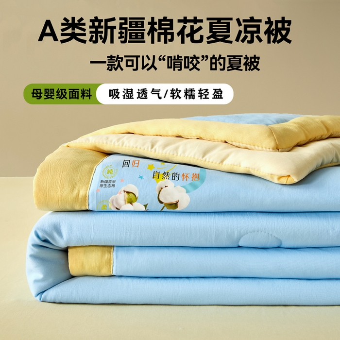 瑞禾家纺 2026新款水洗棉棉花夏被四件套 天蓝奶黄