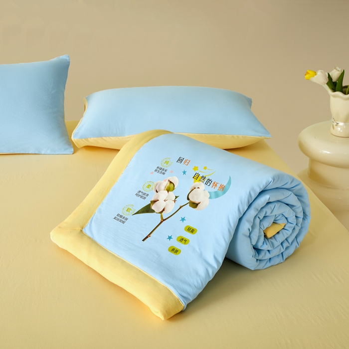 91家纺网 家纺一手货源 找家纺 瑞禾家纺 2026新款水洗棉棉花夏被四件套 天蓝奶黄