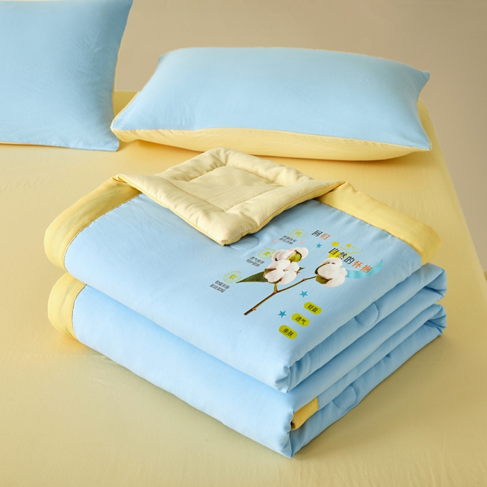 91家纺网 家纺一手货源 找家纺 瑞禾家纺 2026新款水洗棉棉花夏被四件套 天蓝奶黄