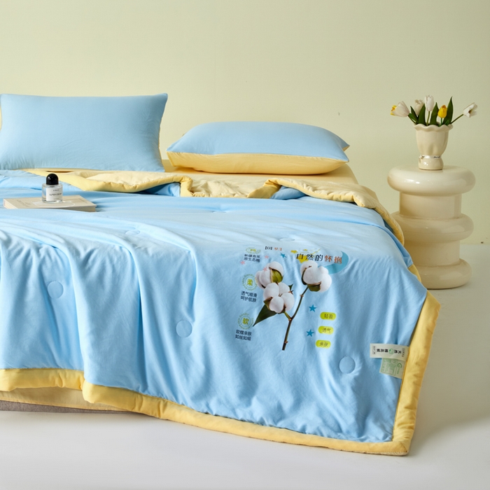 91家纺网 家纺一手货源 找家纺 瑞禾家纺 2026新款水洗棉棉花夏被四件套 天蓝奶黄