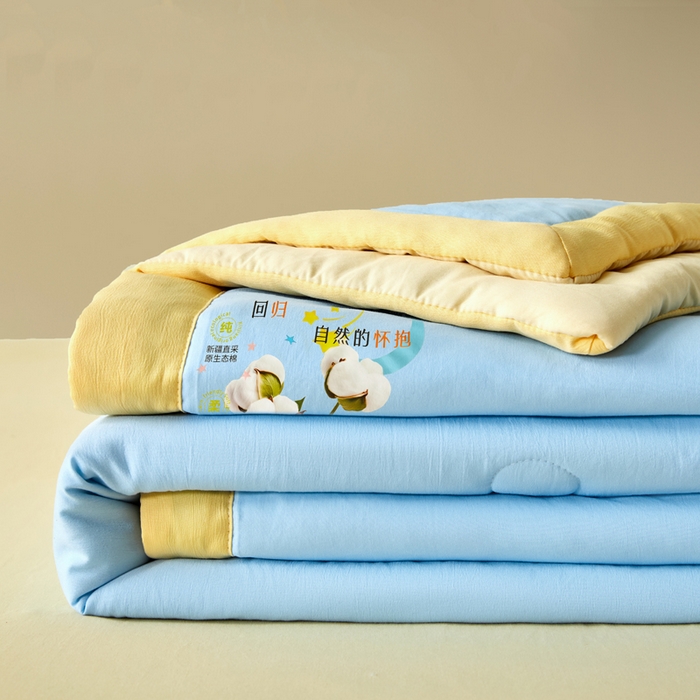 91家纺网 家纺一手货源 找家纺 瑞禾家纺 2026新款水洗棉棉花夏被四件套 天蓝奶黄