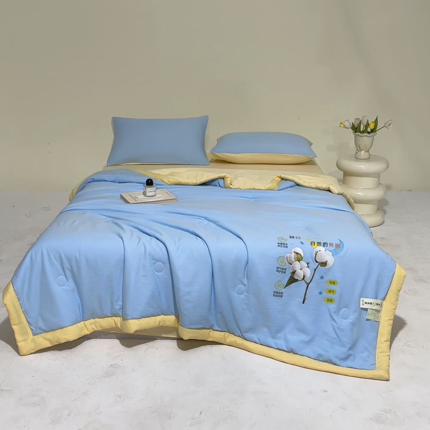 91家纺网 家纺一手货源 找家纺 瑞禾家纺 2026新款水洗棉棉花夏被四件套 天蓝奶黄