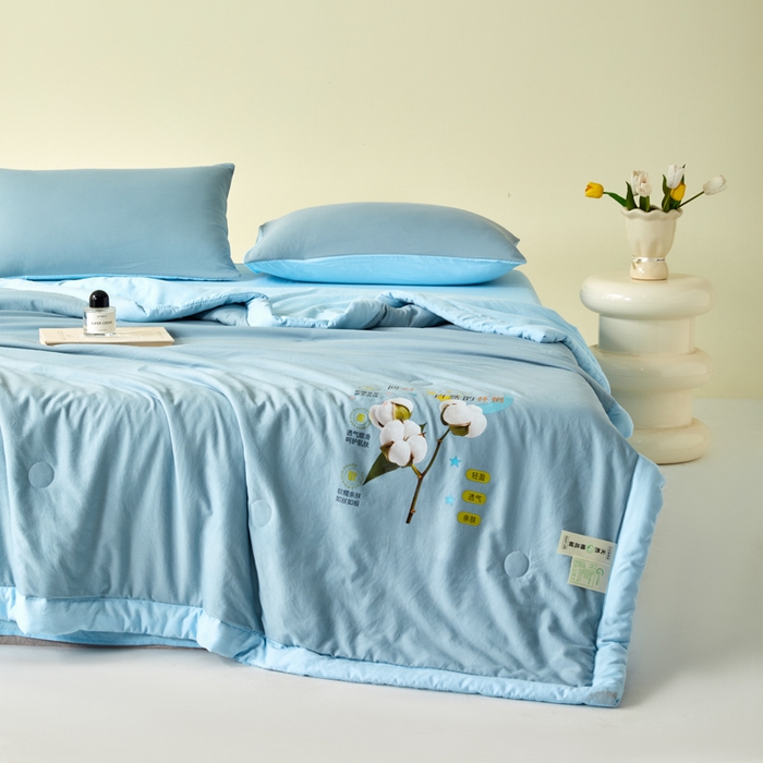 91家纺网 家纺一手货源 找家纺 瑞禾家纺 2026新款水洗棉棉花夏被四件套 雾蓝天蓝