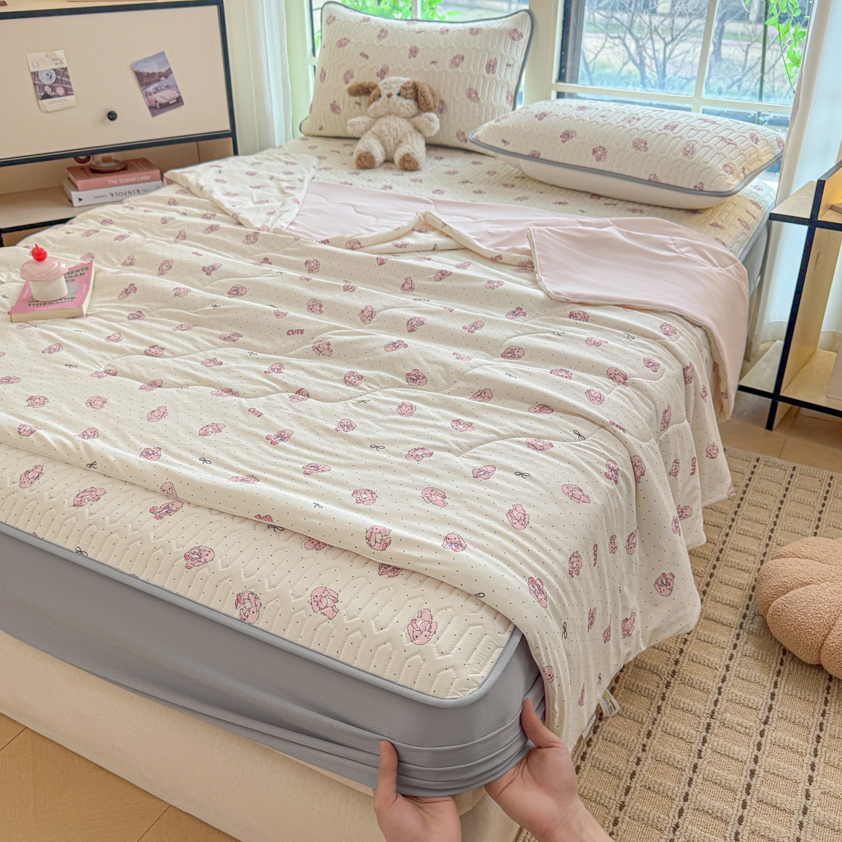 莱登卡奴 2026新款新款A类凉感丝锦氨数码印花夏被四件套 甜心小兔