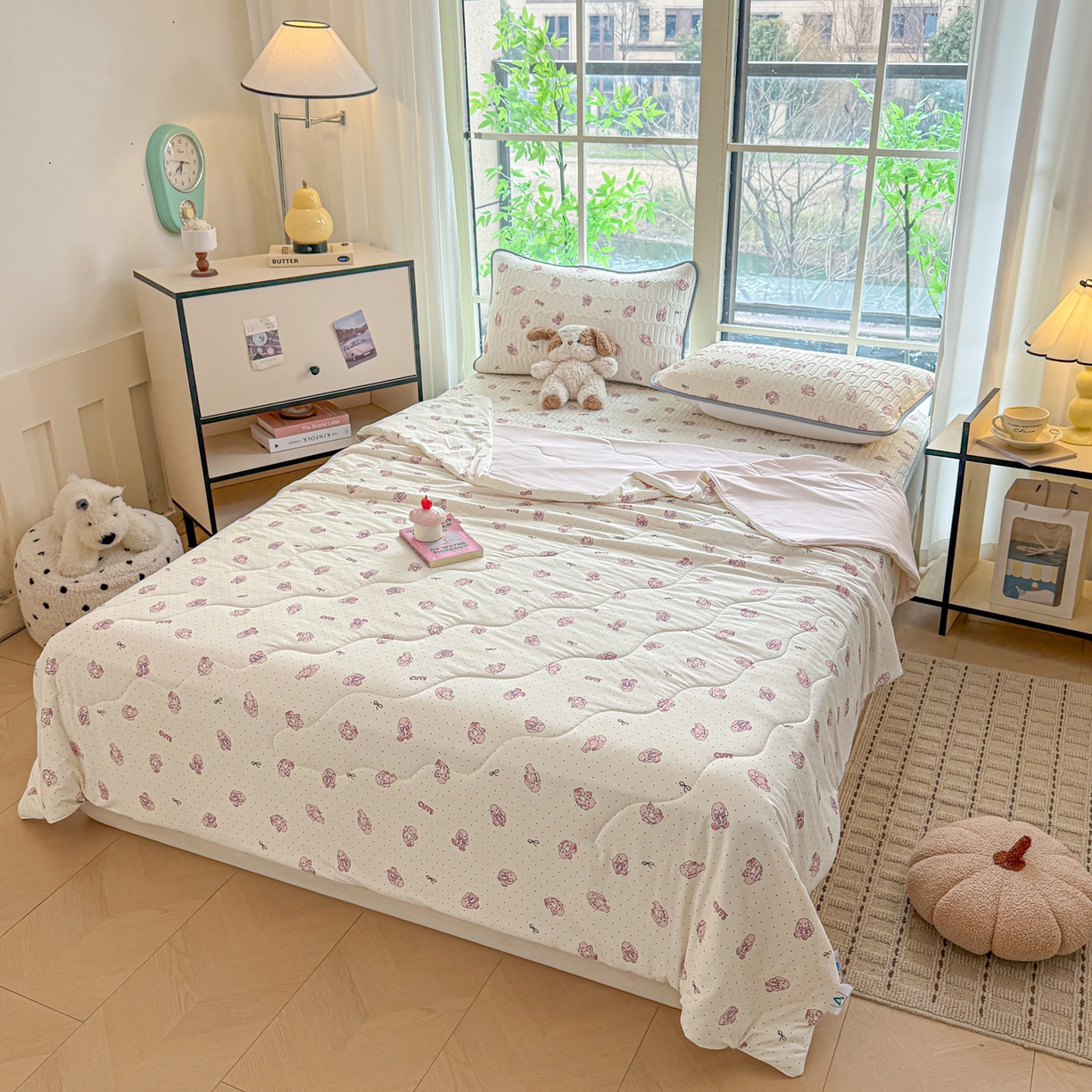 91家纺网 家纺一手货源 找家纺 莱登卡奴 2026新款新款A类凉感丝锦氨数码印花夏被四件套 甜心小兔