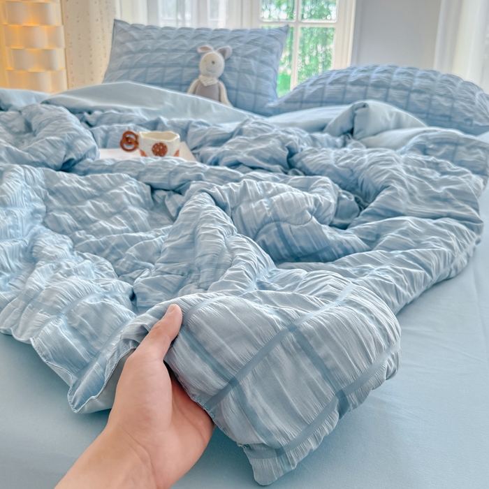 91家纺网 家纺一手货源 找家纺 瑞禾家纺 2026新款泡泡纱夏被空调被夏凉被四件套 梦幻蓝