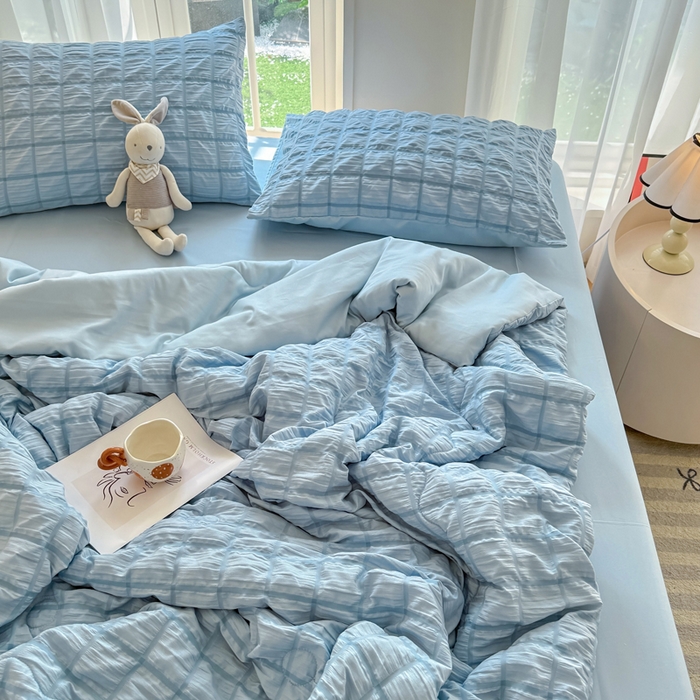 91家纺网 家纺一手货源 找家纺 瑞禾家纺 2026新款泡泡纱夏被空调被夏凉被四件套 梦幻蓝