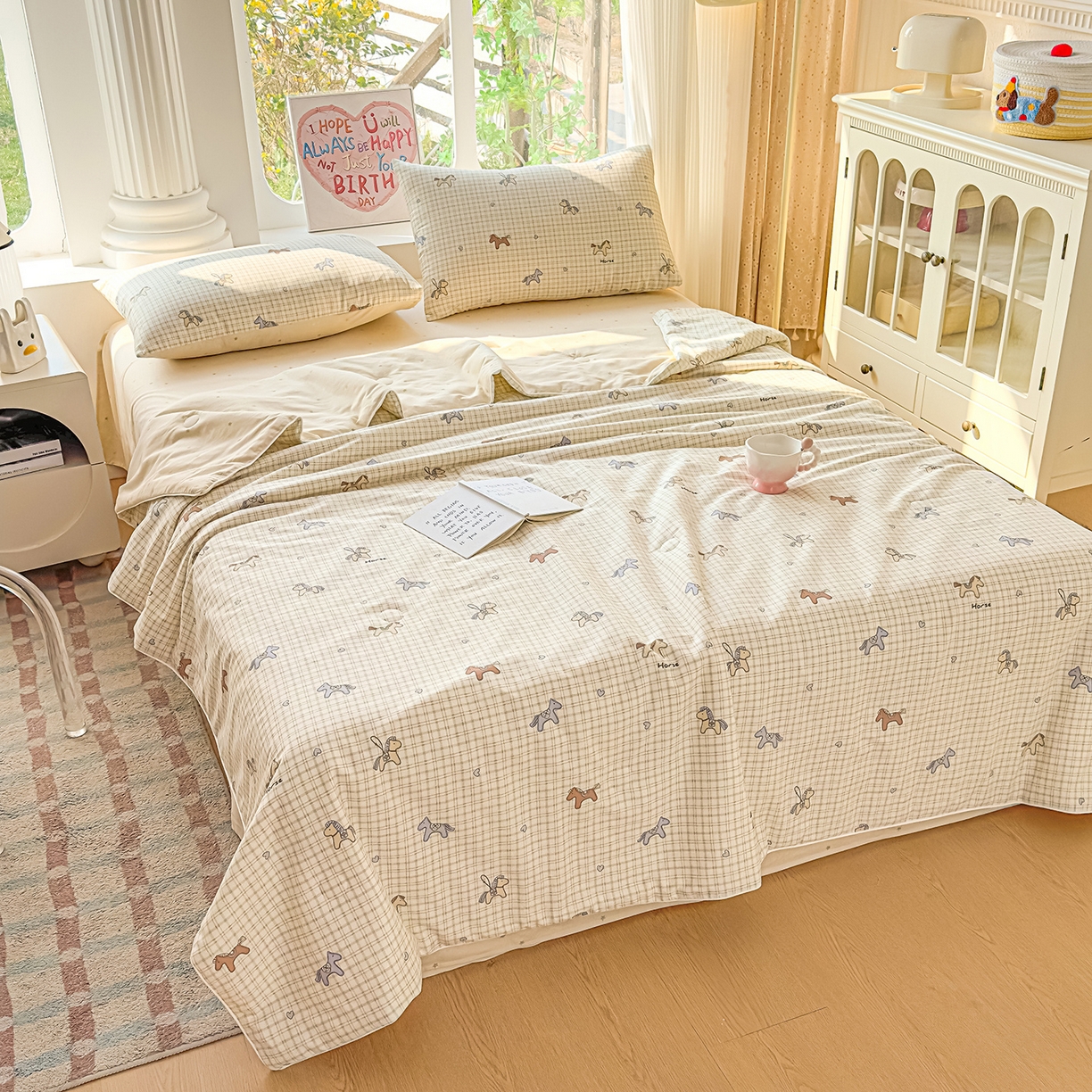 91家纺网 家纺一手货源 找家纺 典冠 2026新款100%里外全棉夏被 夏被四件套 马到成功