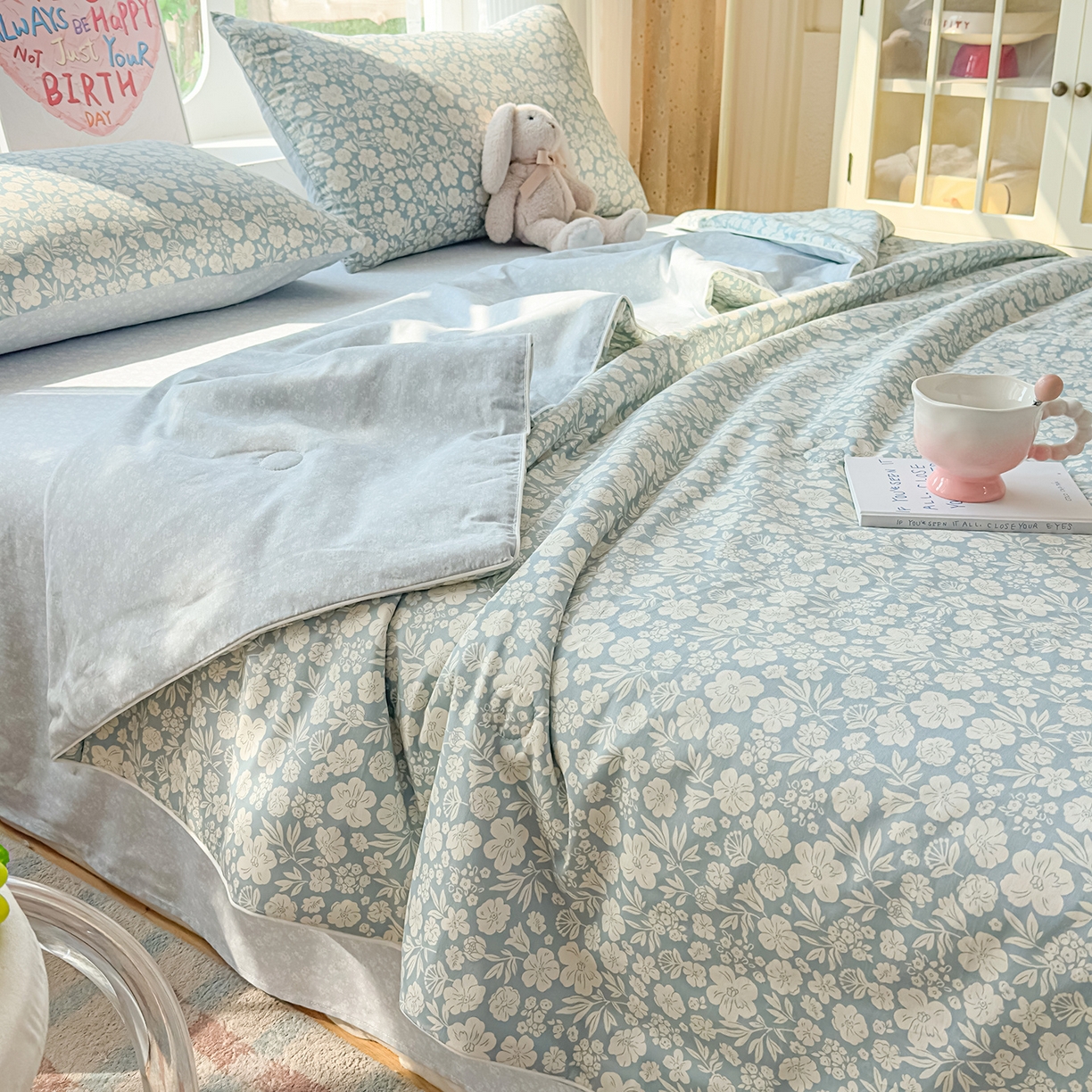 91家纺网 家纺一手货源 找家纺 典冠 2026新款100%里外全棉夏被 夏被四件套 云汐花絮-兰