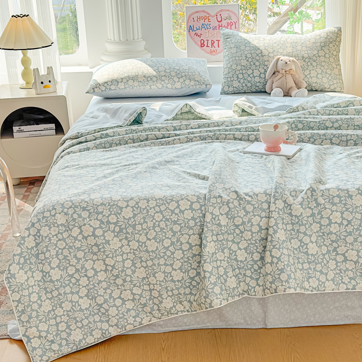 91家纺网 家纺一手货源 找家纺 典冠 2026新款100%里外全棉夏被 夏被四件套 云汐花絮-兰